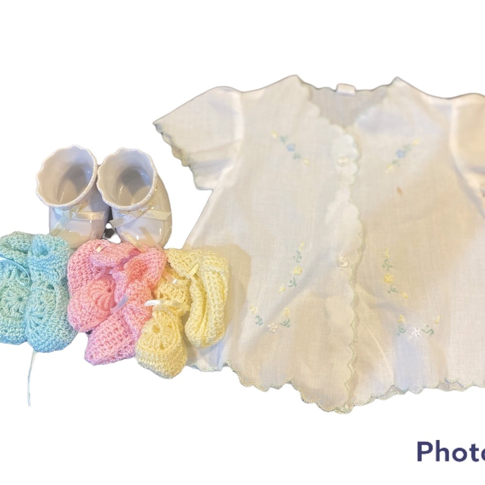 Baby Shower Gender Reveal Decor Crochet and Ceramic Shoes and Embroidered Shirt